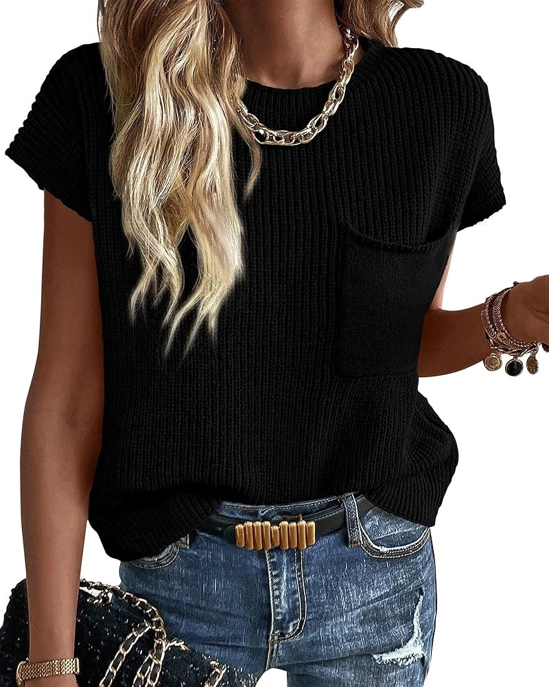 KIRUNDO Short Sleeve Sweater for Women 2025 Casual Sweater Vest Cotton Knit Pullover Tank Tops Tr... | Amazon (US)