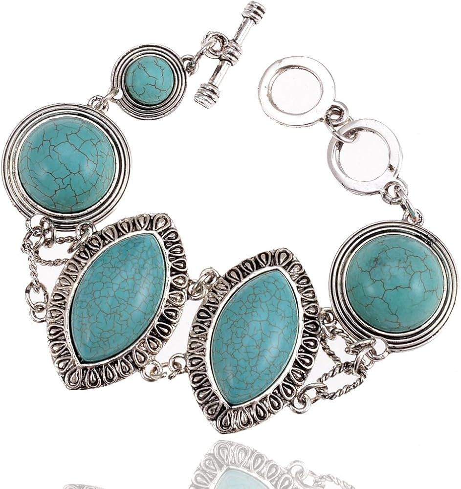 Alilang Womens Antique Silvery Tone Turquoise Colored Stones Contemporary Toggle Bracelet | Amazon (US)