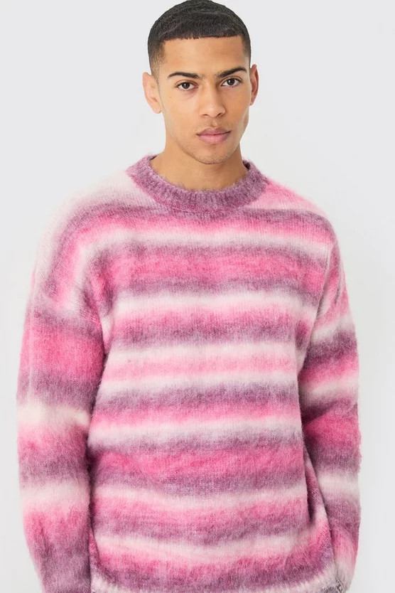 Regular Knitted Brushed Stripe Sweater In Pink | boohooMAN (DE, IE & UK)