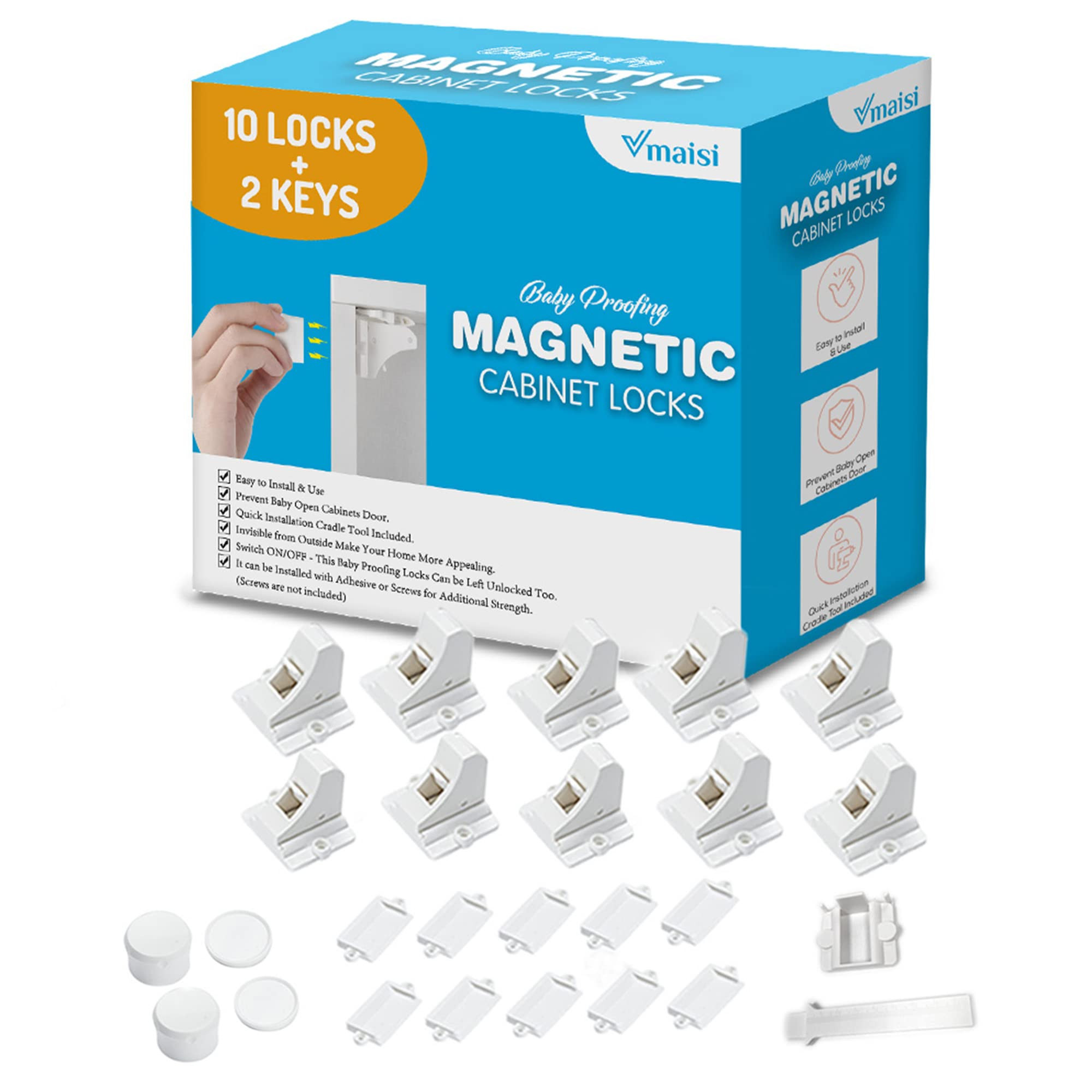 Vmaisi Adhesive Magnetic Locks for Cabinets & Drawers (10 Locks and 2 Keys) | Amazon (US)