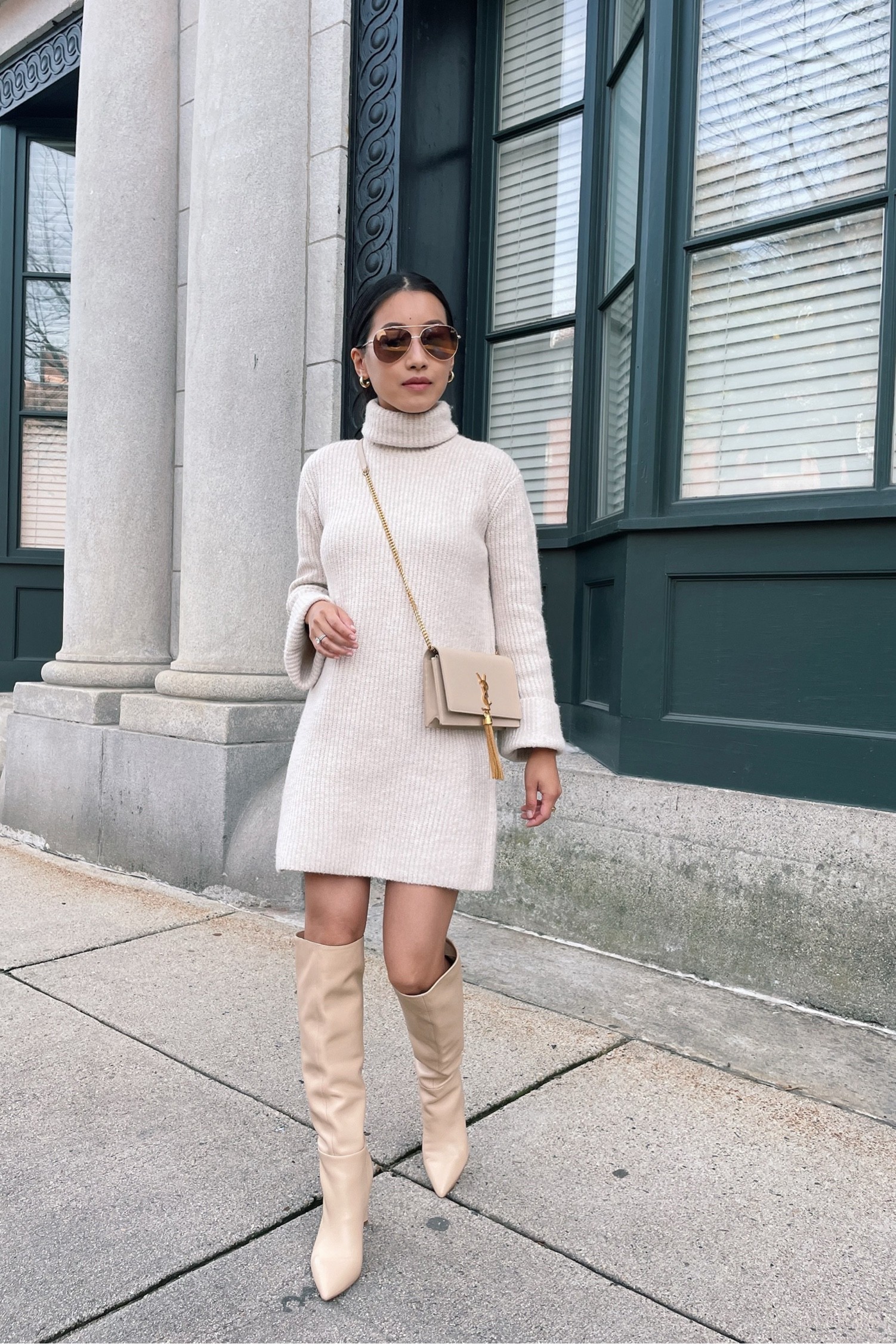 sweater dress + knee high boots // monochrome cream + beige fall outfit

•Steve Madden sweater dress xs - very chunky + warm. Petite friendly length but note I have the sleeves cuffed. 
•Nine West boots (old; similar linked)
•BP aviators
•YSL bag

#petite

#LTKSeasonal #LTKshoecrush #LTKstyletip
