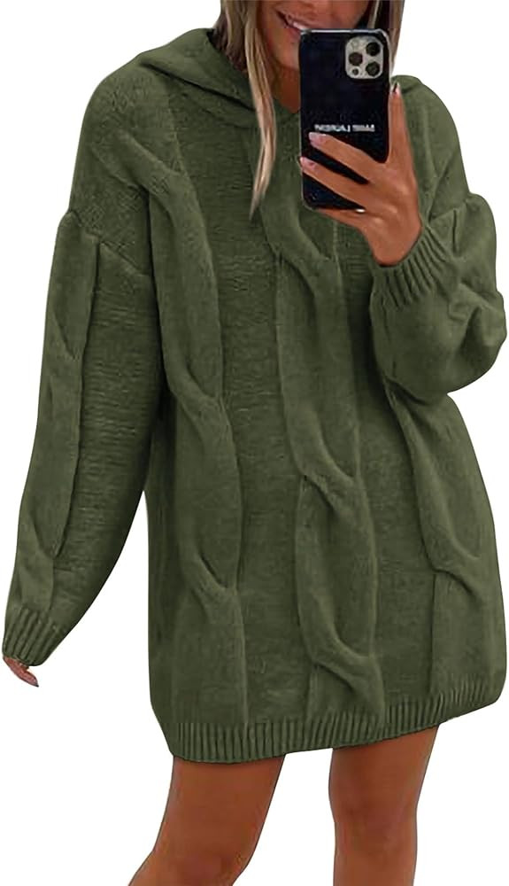 KIRUNDO Womens Fashion 2023 Fall Winter Oversized Cable Knit Hooded Sweater Dress Long Sleeve Chu... | Amazon (US)