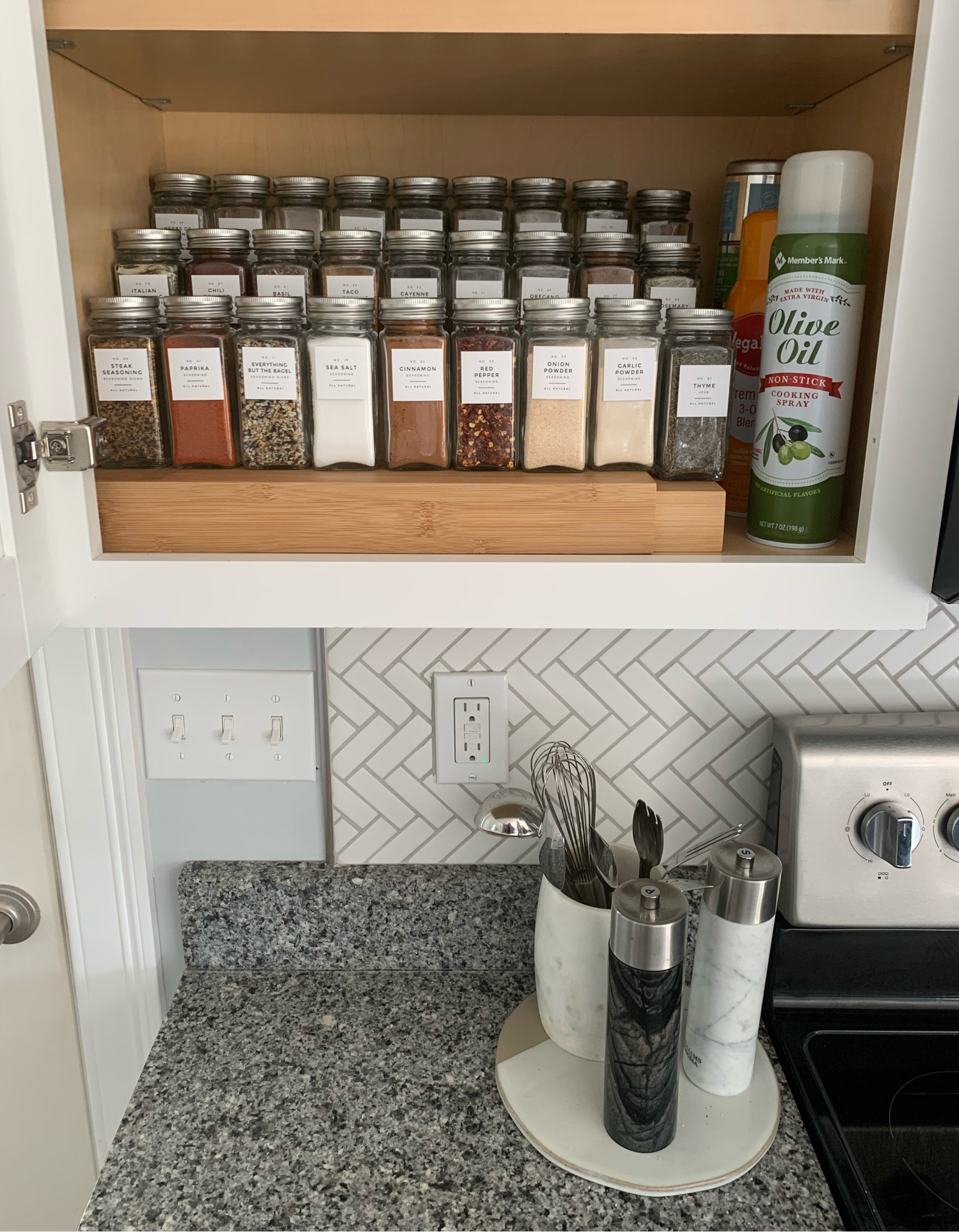 my spice jars, labels, and shelf details - my glass spice jars are from amazon I can’t link them #spicejars #spiceorganization #spiceshelf

#LTKhome #LTKunder100