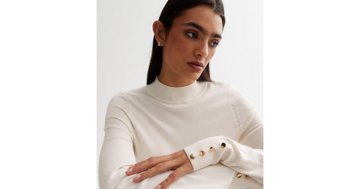 Cream Soft Fine Knit High Neck Button Sleeve Jumper | New Look | New Look (UK)