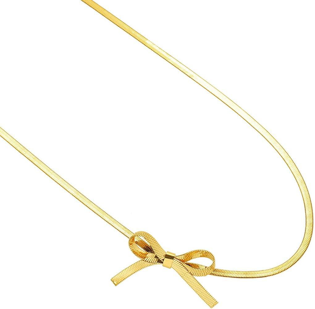 SKYFUN Bow Necklace Gold Silver Bowknot Choker Necklace Titanium Steel Beaded Planet Snake Chain ... | Amazon (US)