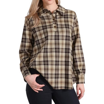 INSPIRE CHIC Women's Casual Pointed Collar Button Long Sleeve Plaid Shirt Large Brown | Target