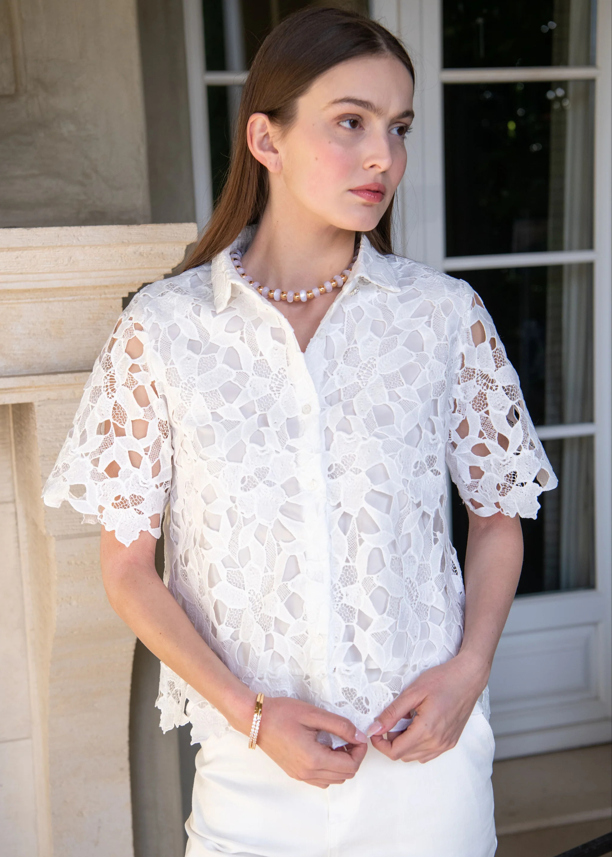 Carla Collared Button Down Short Sleeve Lace Top - White | Benaar La