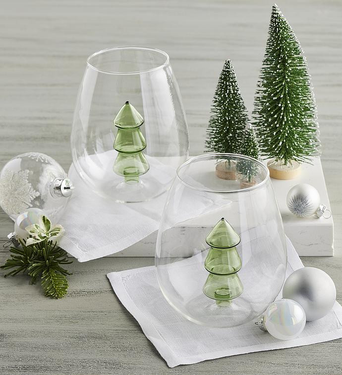 Holiday Stemless Wine Glasses with Blown-Glass Tree - Set of 2 | Harry & David