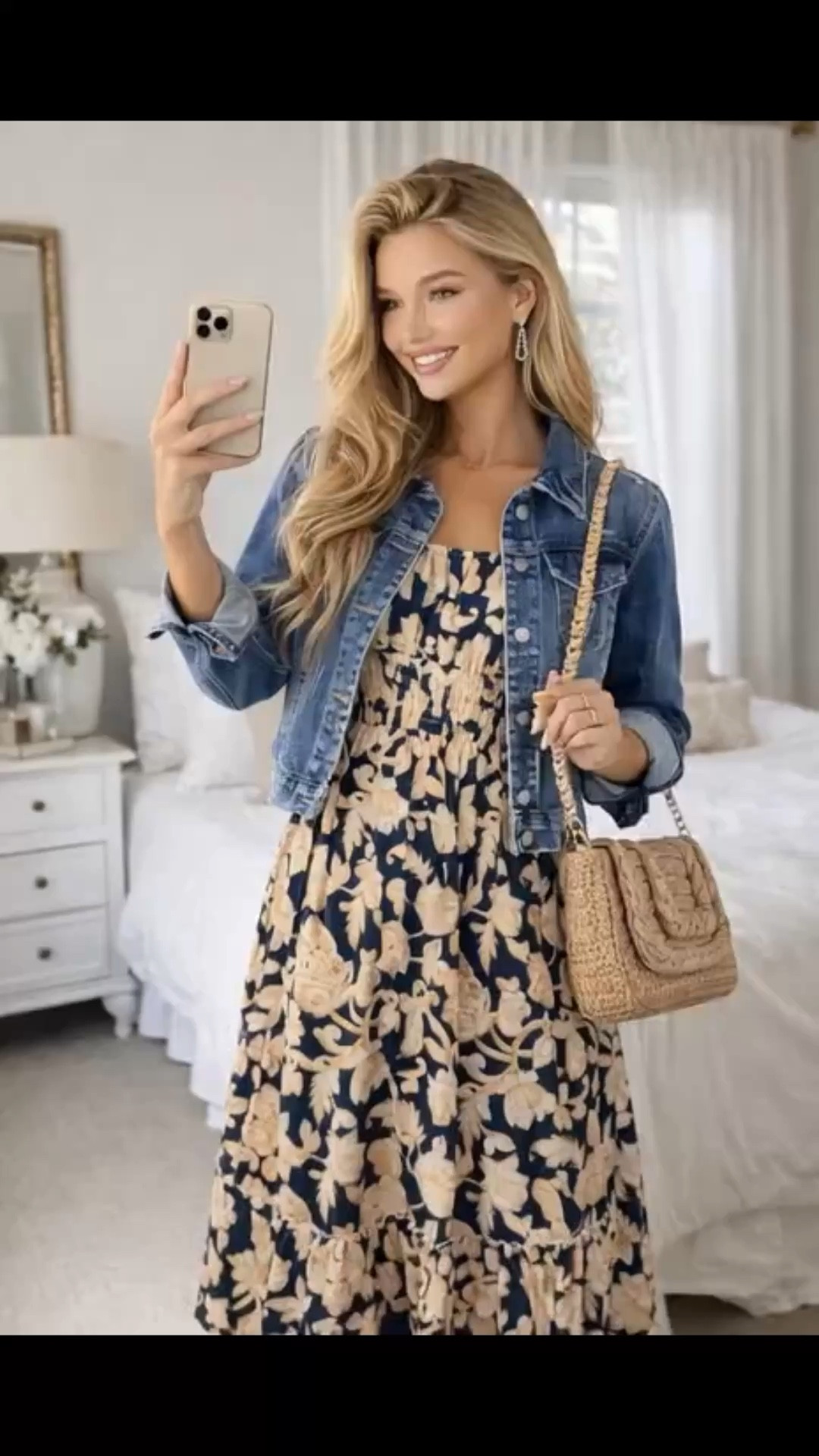 Chic Summer Brunch Outfit with Floral Dress & Denim Jacket Effortlessly chic summer outfit idea featuring a flowy floral midi dress paired with a classic denim jacket for the perfect layered look. Styled with neutral wedge sandals, a woven straw shoulder bag, oversized sunglasses, and statement rattan earrings for a relaxed yet polished vibe. This outfit is perfect for brunch, vacation strolls, casual date nights, or summer weekends. Soft neutral accessories and natural textures keep the look fresh, feminine, and timeless for warm weather style. #summeroutfit #brunchoutfit #casualchicstyle #midiDress #denimjacketstyle #summerstyleinspo #vacationoutfits #neutralstyle #amazonfashionfinds #outfitinspiration #wedgeheels #springtosummerstyle #casualoutfitideas #fashioninspo #sparkdazzle 

 