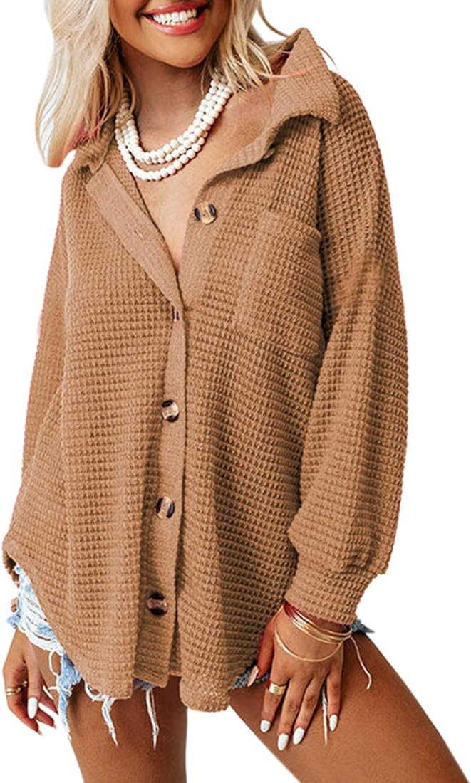 Dokotoo Womens Waffle Knit Shacket Jacket Casual Long Sleeve Button Down Shirts Dressy Blouses To... | Amazon (US)