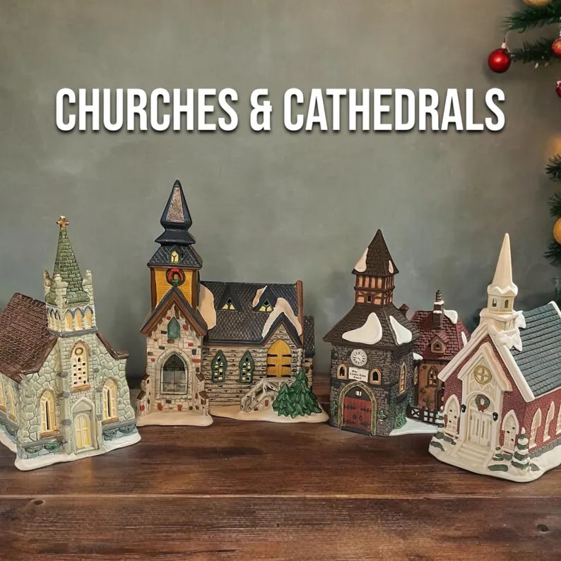 Churches & Cathedrals Christmas Village Houses Hand Painted Porcelain Christmas Village Buildings... | Etsy (US)