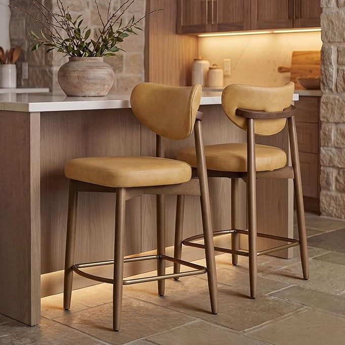 VASAGLE Wooden Bar Stools Set of 2, Upholstered Counter Height Barstools with Solid Wood Legs, Er... | Amazon (US)