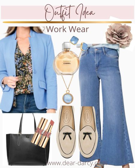 Outfit inspiration 
Workwear casual Friday 
Blazer outfit easy, outfit idea and a touch of spring trends

Trending details⤵️
Cornflower blue, small bow details on shoes and a rose pin

GibsonLook double breasted blazer tts
Wide leg denim 
Julie Vos jewelry 
Chanel perfume
Ysl lip stick 
Affordable tote bag 
Linen loafers with small bows 
Flower pin

#LTKfindsunder100 #LTKworkwear #LTKstyletip