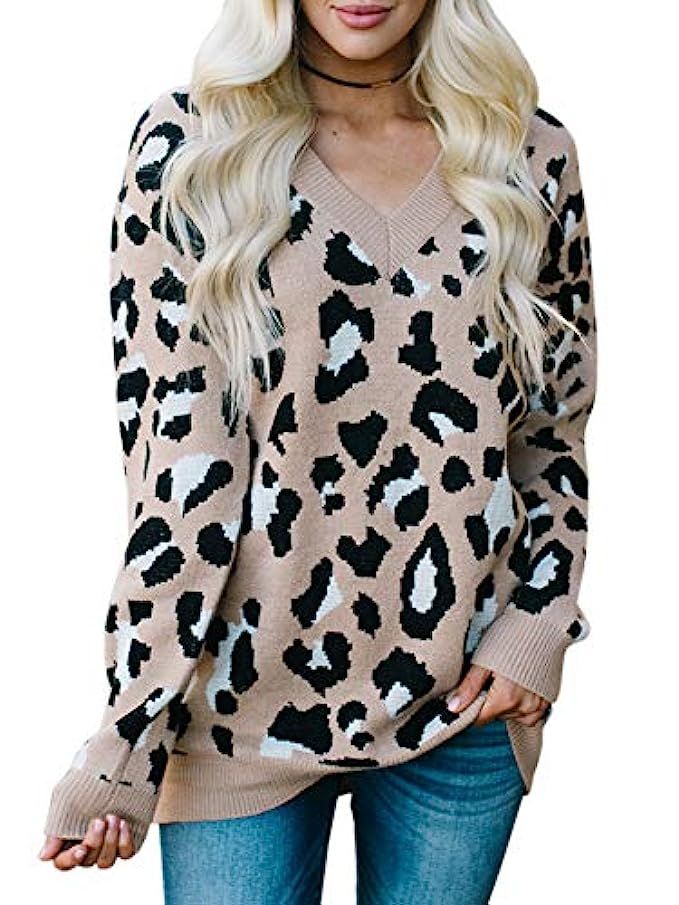 Tutorutor Womens Long Sleeve Leopard Print Sweater Casual Knitted V Neck Pullover Tops | Amazon (US)