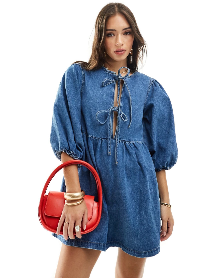 ASOS DESIGN denim puff sleeve mini dress in light blue | ASOS (Global)