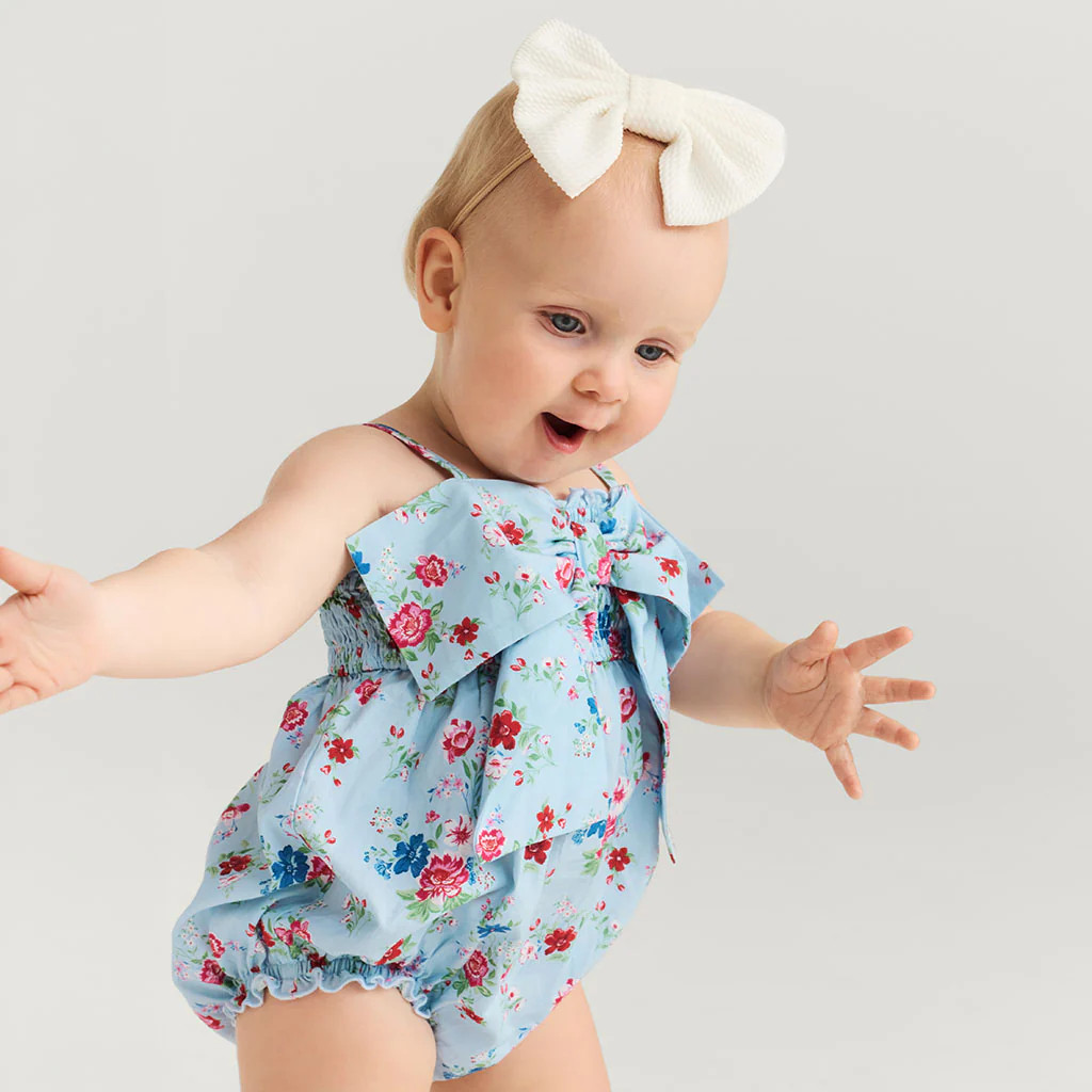 Floral Blue Daywear Jean Bamboo Challis Smocked Bow Bubble Romper | Posh Peanut\u00ae | Posh Peanut