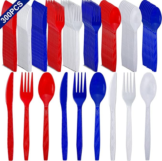 300 Pack Patriotic American Flag Party Supplies, 4th of July Disposable Plastic Cutlery Set Inclu... | Amazon (US)