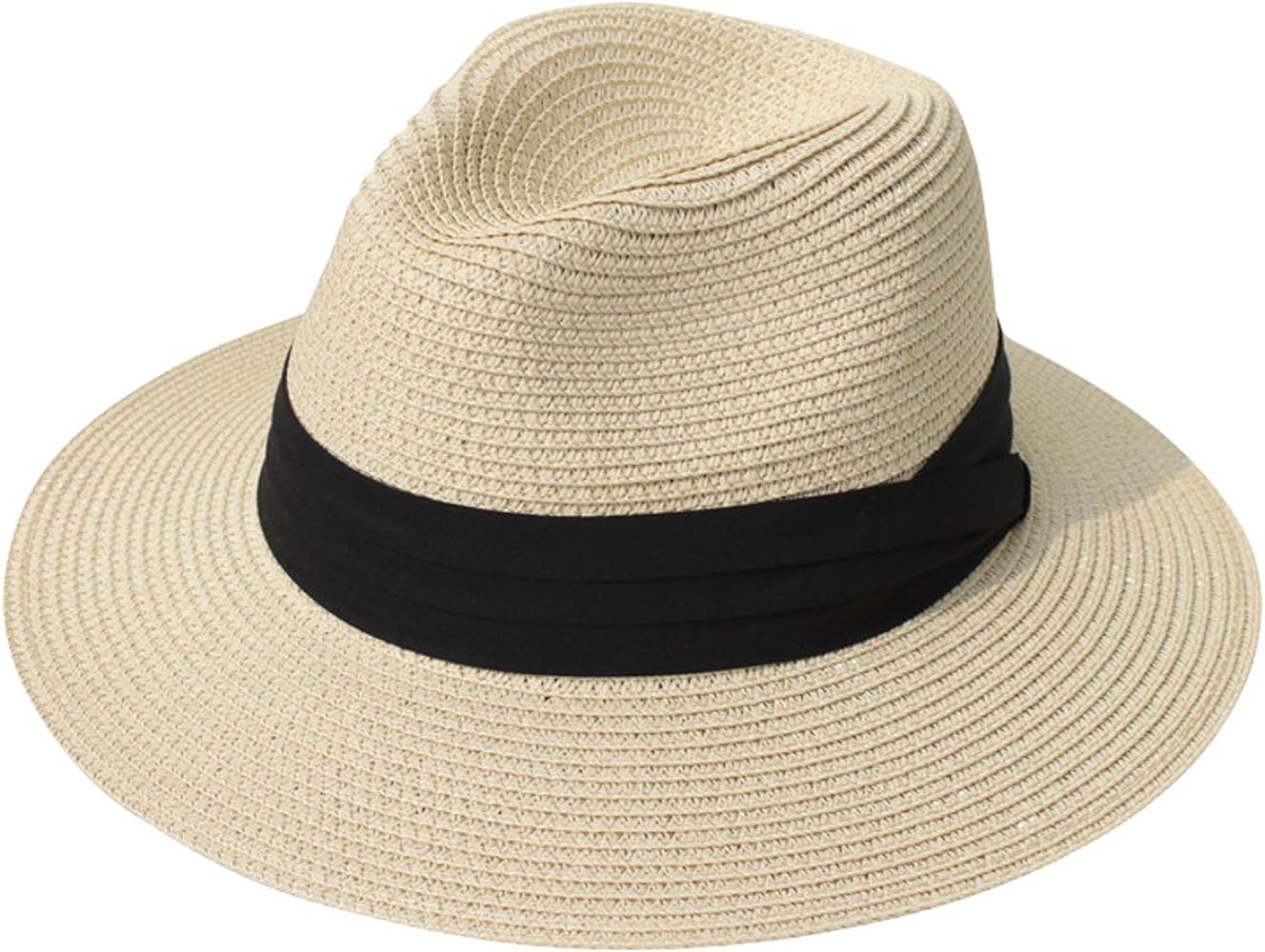 Lanzom Women Wide Brim Straw Fedora Beach Sun Hat | Amazon (US)
