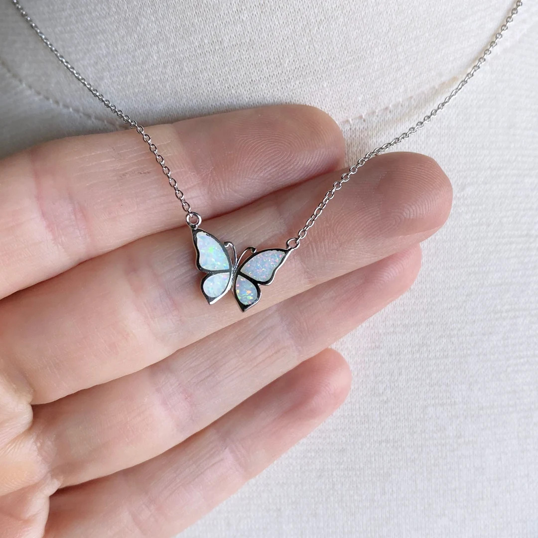 Butterfly Necklace, White Opal Necklace, Small Butterfly Necklace, Opal Necklace, Opal Butterfly ... | Etsy (US)