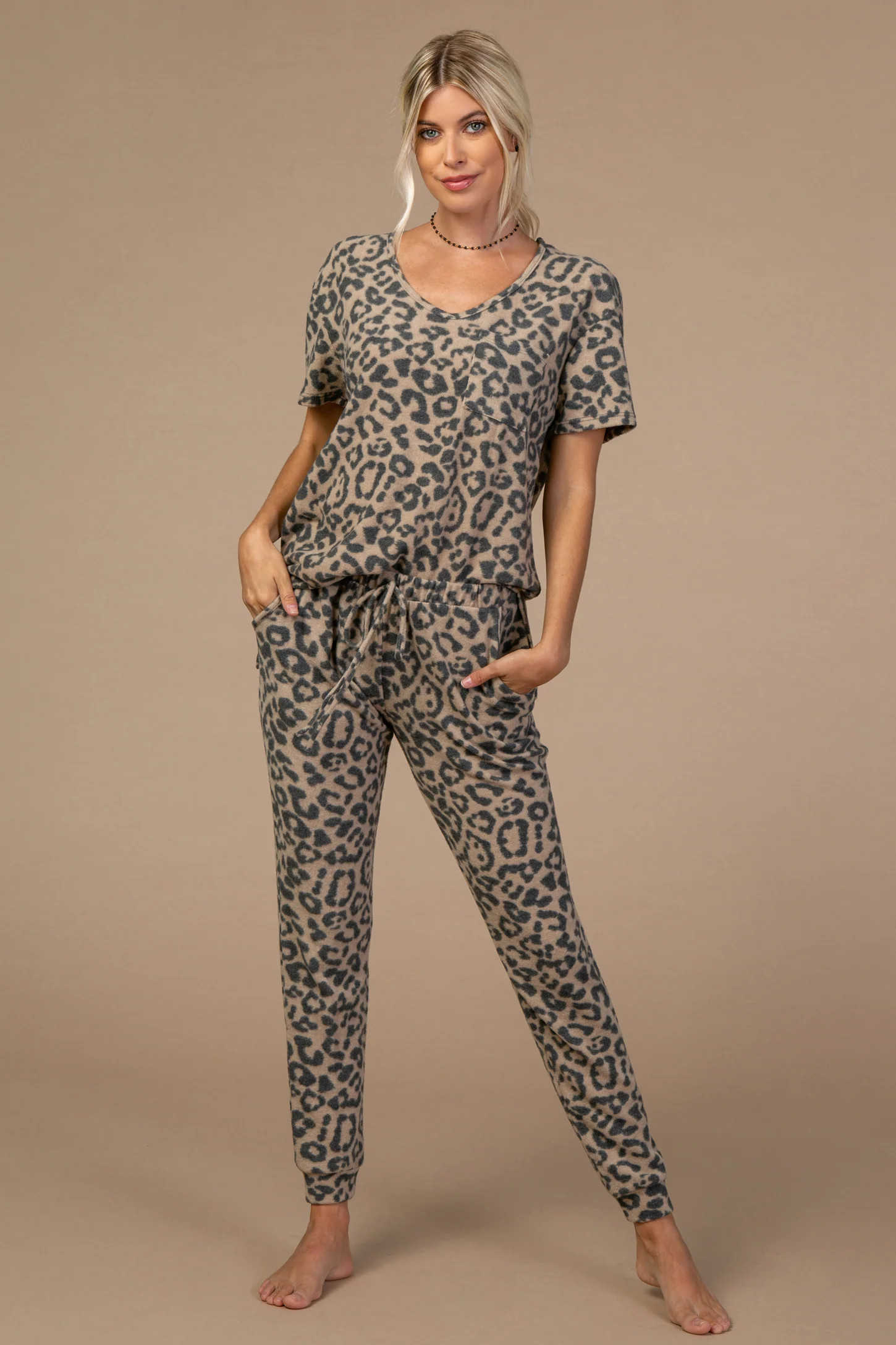 PinkBlush Camel Leopard Print Pocket Front Pajama Set | PinkBlush Maternity