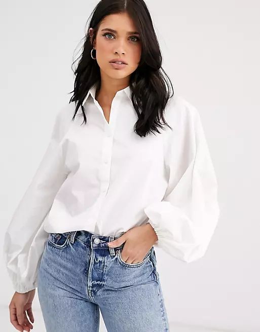 ASOS DESIGN long volume sleeve shirt in cotton in white | ASOS (Global)