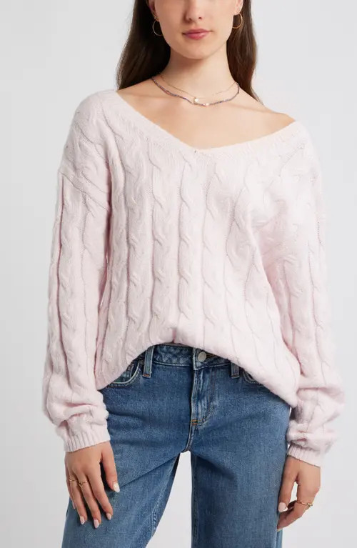 BP. Cable Knit V-Neck Cotton Blend Sweater in Pink Primrose at Nordstrom, Size Large | Nordstrom