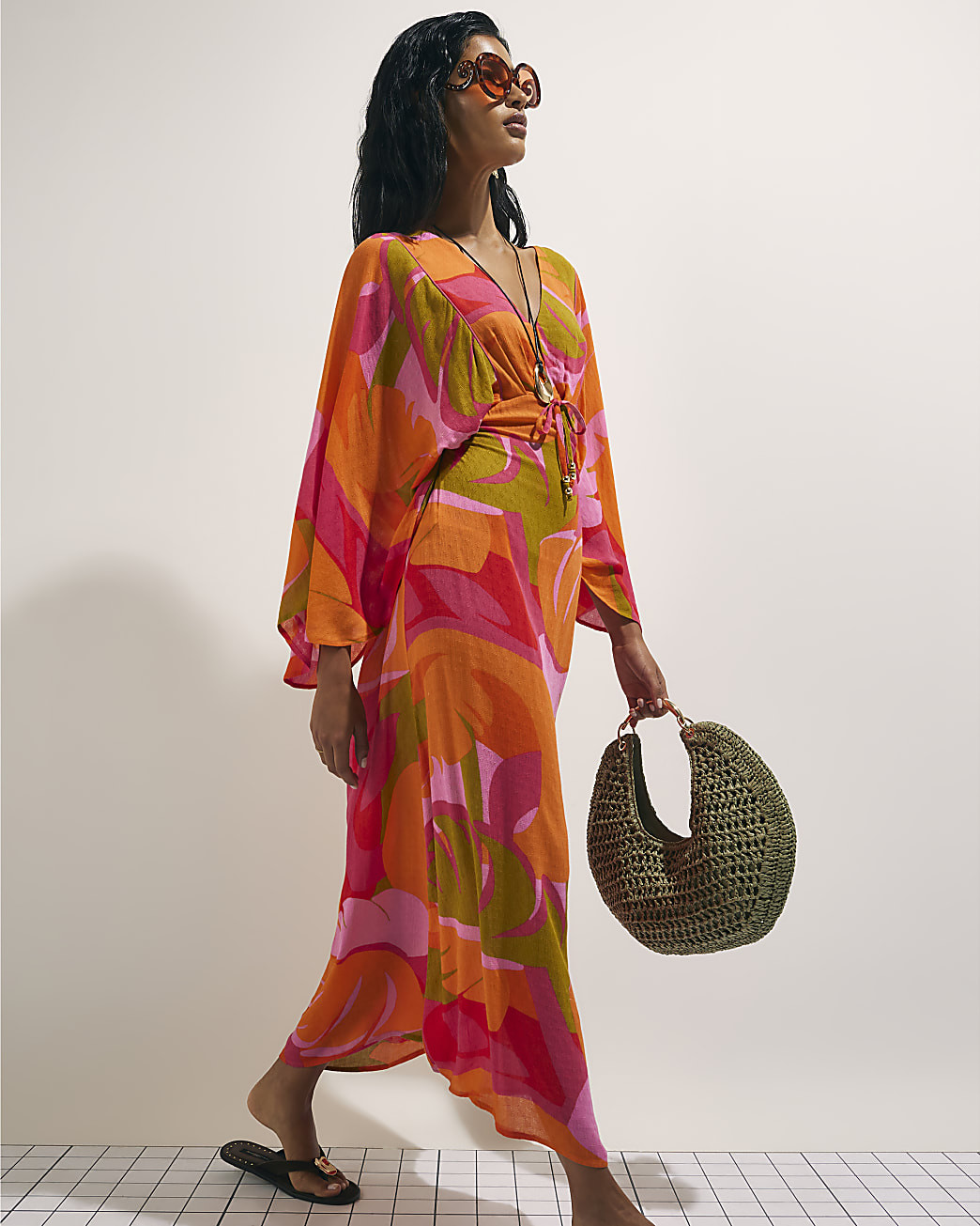 Pink Leaf Print Kaftan Dress | River Island UK & IE