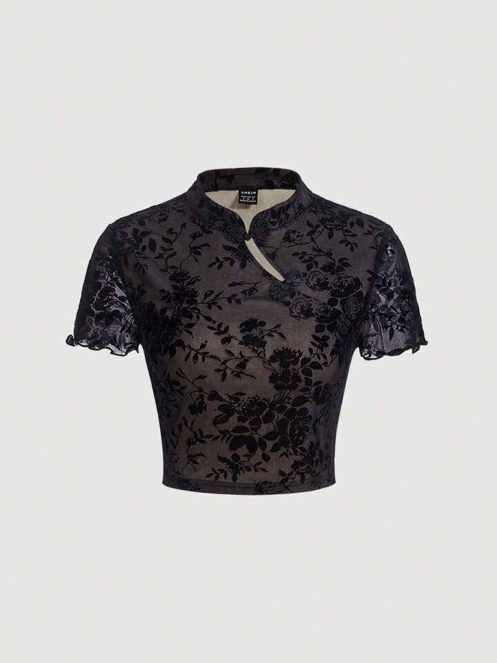 SHEIN MOD Impressão Floral Gola Mandarim Camiseta Crop | SHEIN
