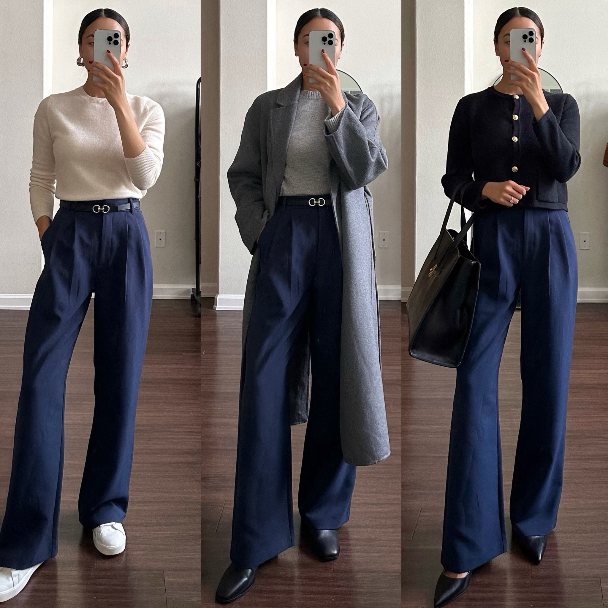 Styling navy workwear pants 3 ways 

• navy workwear pants - tts, I’m wearing 25 reg // if you’re shorter than 5’4” [or if you have slightly shorter legs] I’d recommend getting the petite version
• mango belted coat 
• black sweater jacket - xs

#LTKMostLoved #LTKworkwear #LTKstyletip