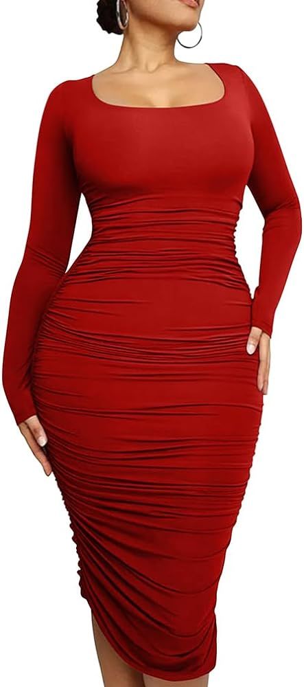 LAGSHIAN Women's Plus Size Sexy Bodycon Long Sleeve Scoop Neck Ruched Basic Midi Party Dress | Amazon (US)