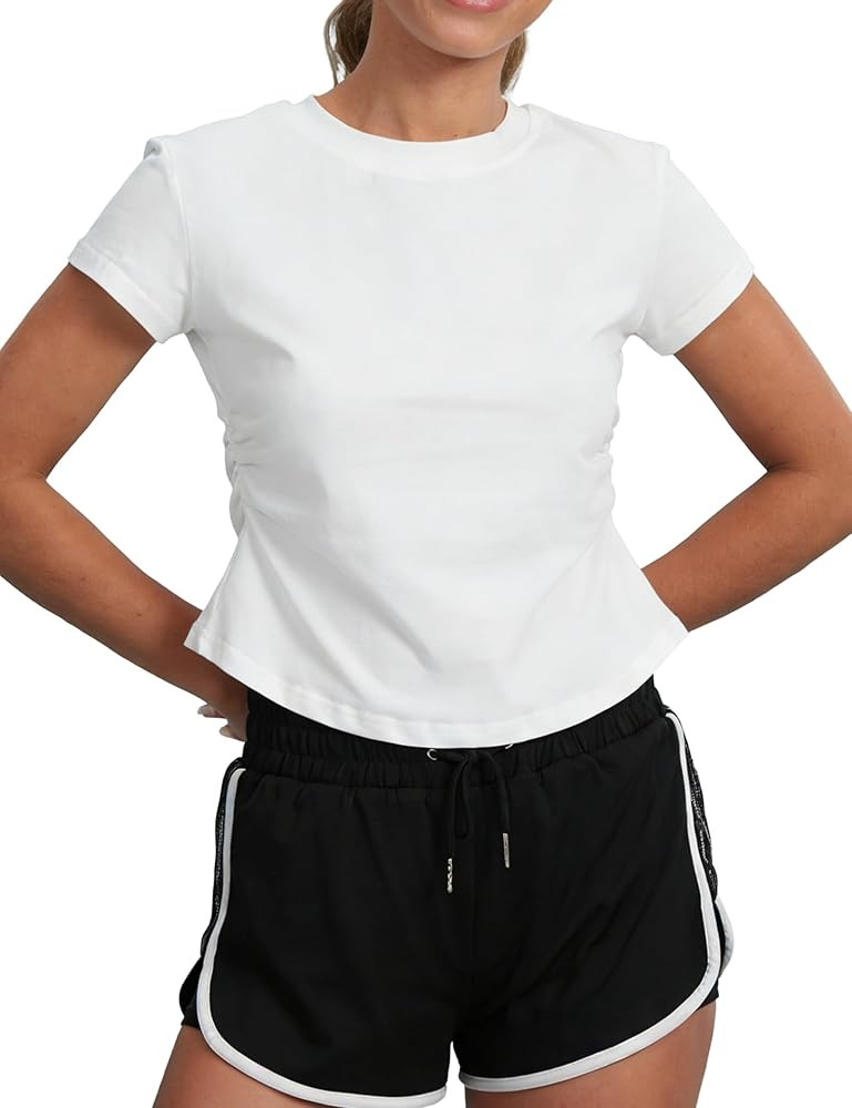Womens Side Ruching Cropped T Shirts Short Sleeve Crewneck Fitted Top Set Gym Workouts Yoga Casua... | Amazon (US)