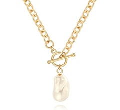 18k Gold Chain Link Necklace for Women, Baroque Pearl/Compass Pendant Necklace | Amazon (US)