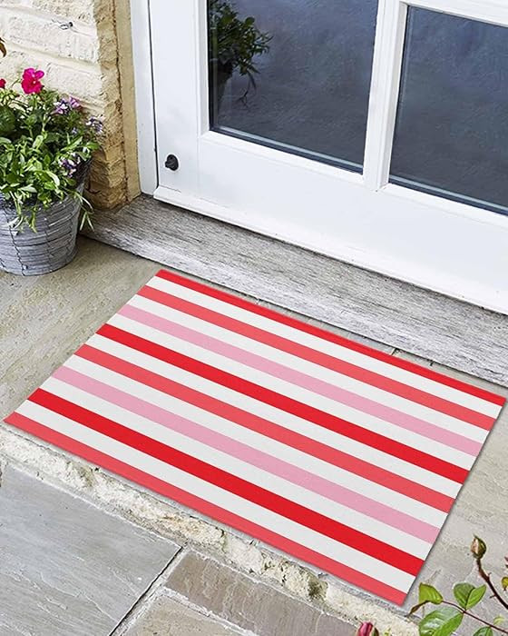 Front Door Mat Outdoor, Red Pink Striped Absorbent Non Slip Indoor Entry Rug, Farmhouse Stripes S... | Amazon (US)