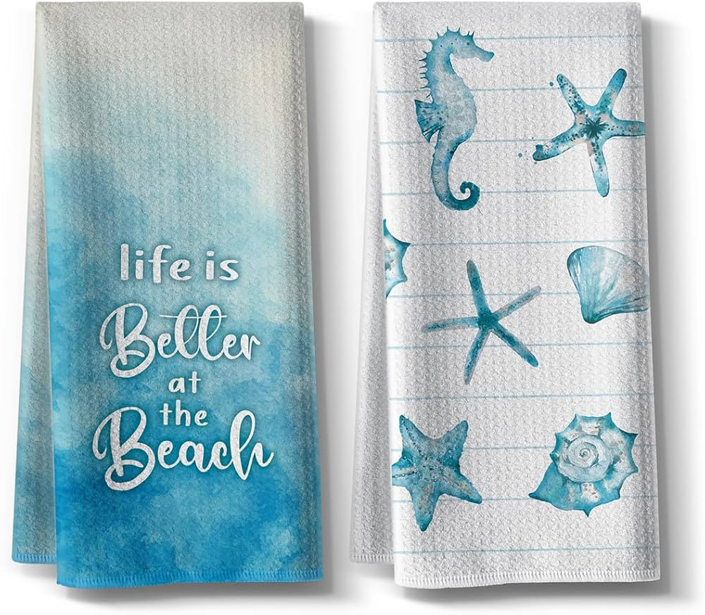 Beach Funny Kitchen Towels for Home Decor Starfish Seahorse Scallop Ocean Themed Summer Dish 16x2... | Amazon (US)