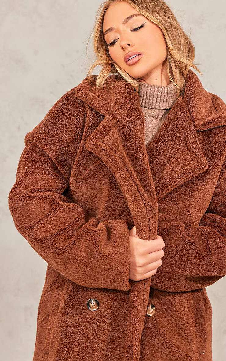 Chocolate Borg Teddy Bear Coat | PrettyLittleThing US