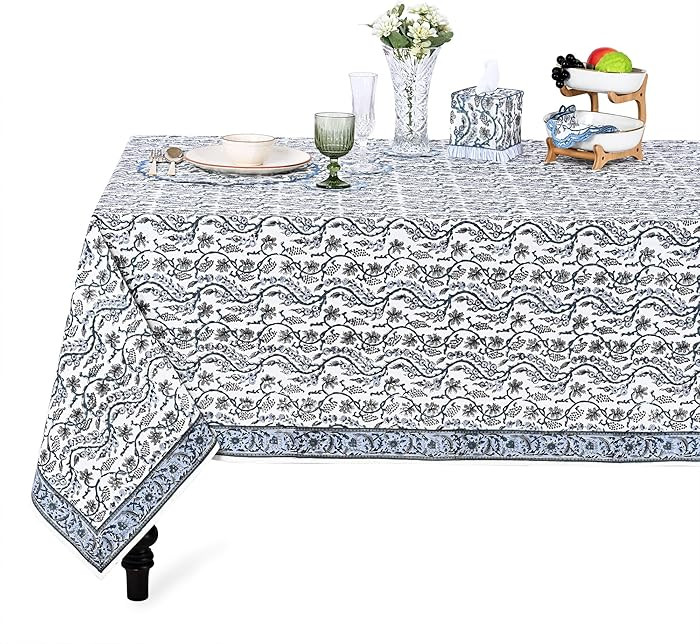 Ridhi Hand Block Print Baby Blue Eyes Rectangle Cotton Tablecloth 108" x 70" Reusable Table Cover... | Amazon (US)