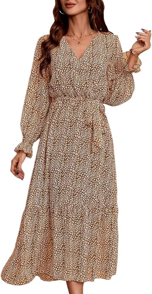 Pasgreson Women's Floral Print Swing Dress V Neck Long Sleeve Belted Ruffle Hem A-Line Bohemian Maxi | Amazon (US)