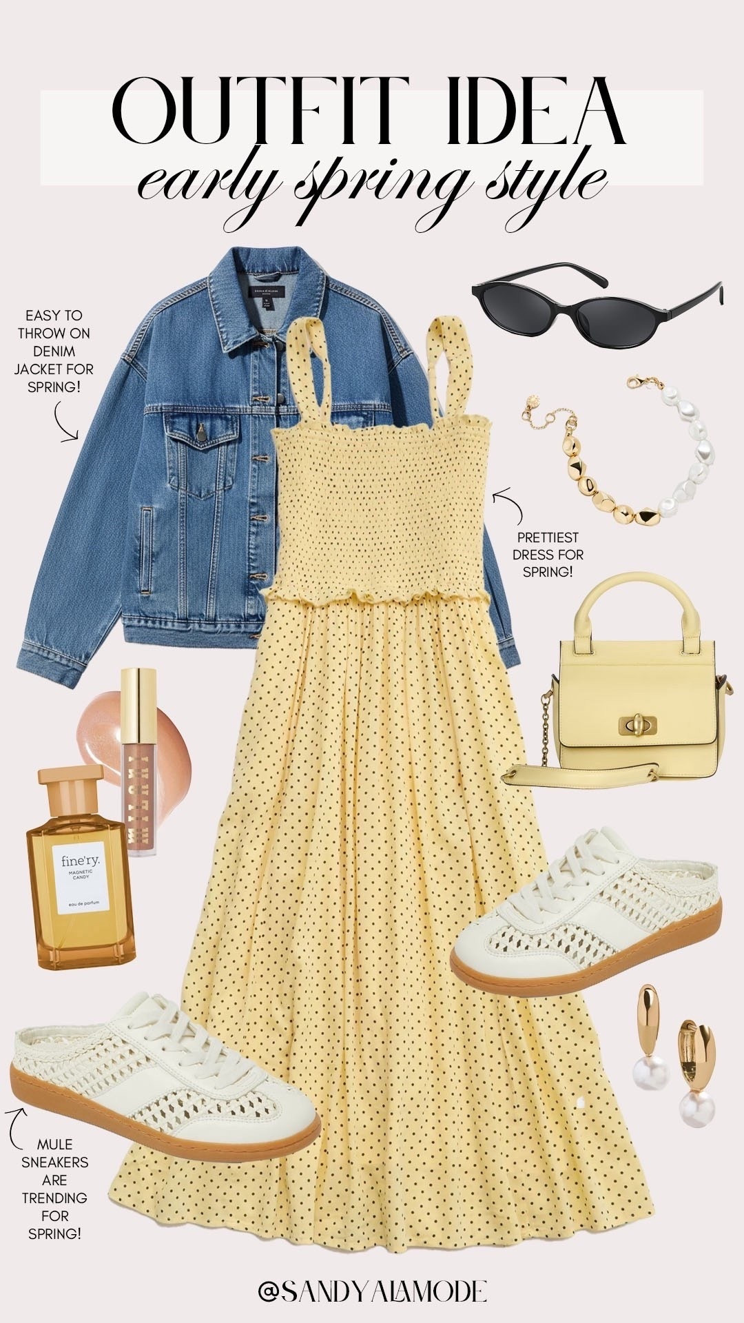 Early spring style. Trendy spring style. Early spring outfit idea. Trendy spring dress. yellow polka dot spring dress. How to style a dress casually for spring. Spring denim jacket. Target spring sneakers. Trendy mule sneakers for spring. Walmart spring handbag  

#LTKSeasonal #LTKootd #LTKdayinmylife