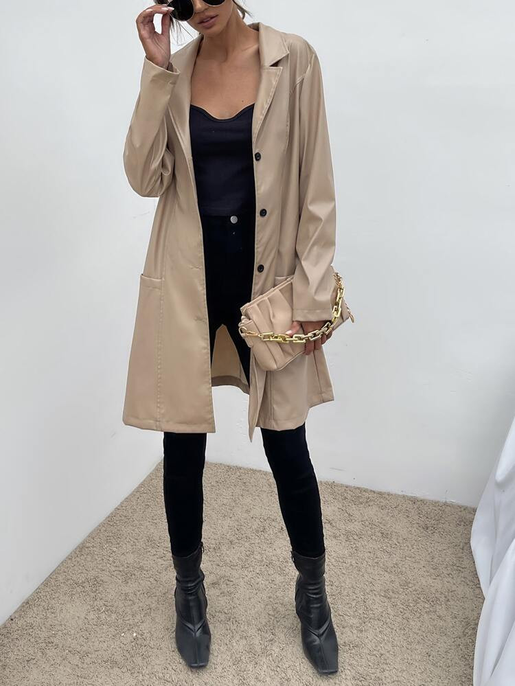 Lapel Collar Single Breasted Dual Pockets PU Coat | SHEIN