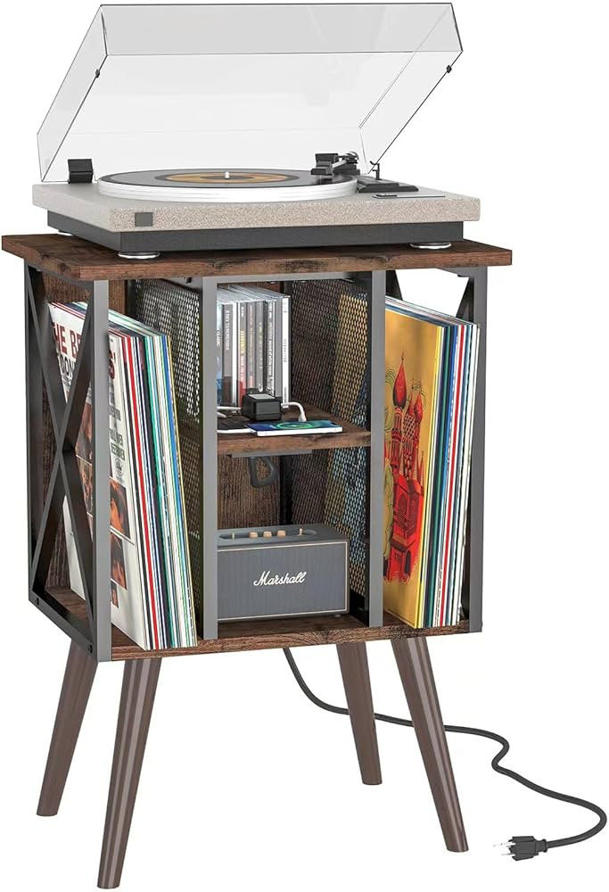 EYOCAL Record Player Stand with Vinyl Storage, 80 Albums Turntable Stand End Table Night Stand wi... | Amazon (US)