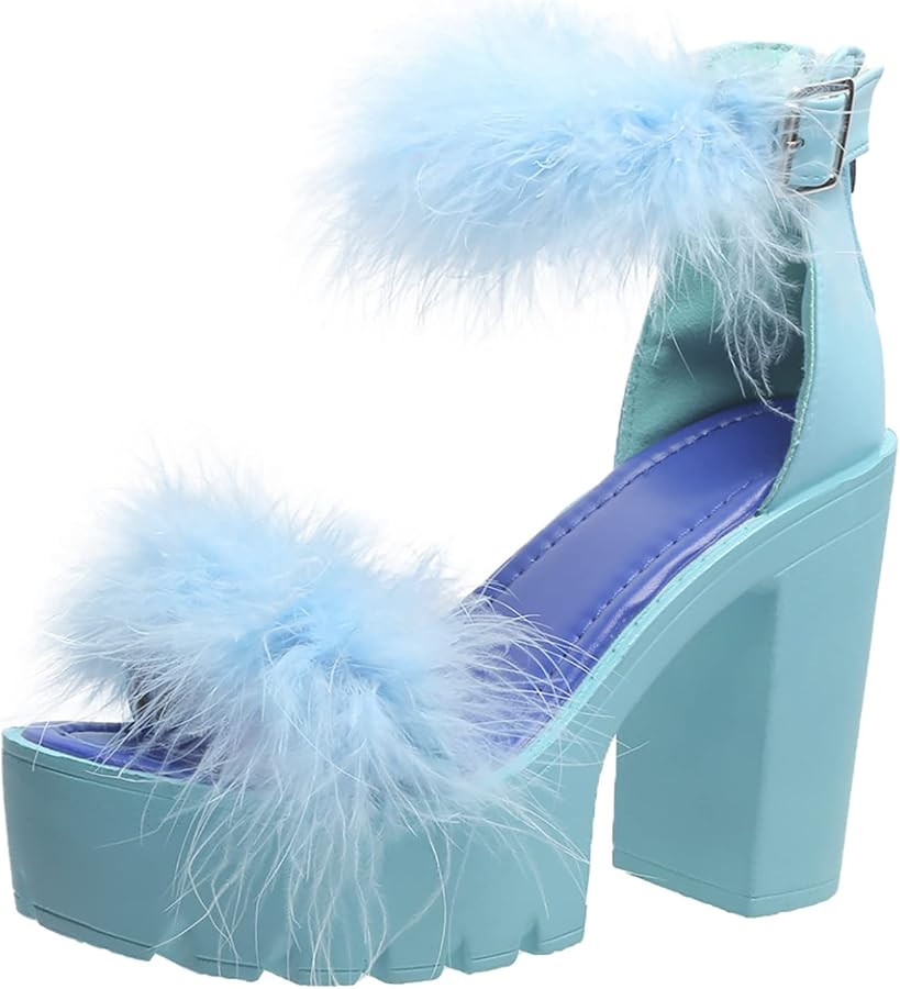 YSMIIH Women'S Faux Fur Chunky Heel Sandals Platform Open Toe Fuzzy Ankle Strap Sexy Colorful Wed... | Amazon (US)