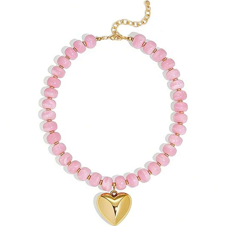 Chunky Beads Necklace For Women Gold Puffy Heart Choker Necklace Colorful Resin Beaded Heart Pend... | SHEIN