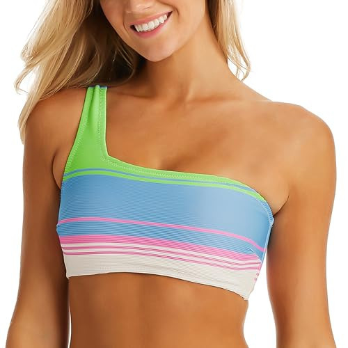 Jessica Simpson Women's One Shoulder Bikini Top Swimsuit, Multi Color Stripe, Small | Amazon (US)
