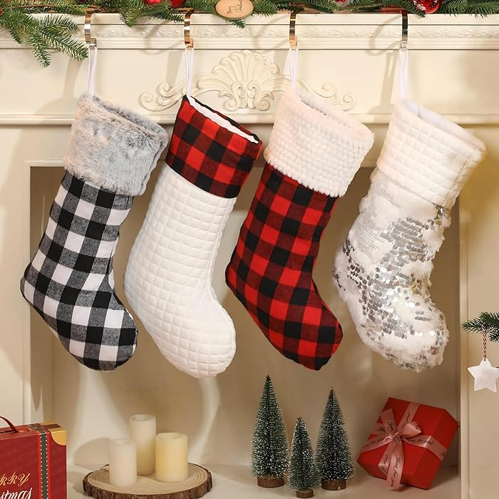 Plaid Christmas Stockings Traditional Large Size 20.5’’ Red White Black Gray Fur Fireplace Ha... | Amazon (US)