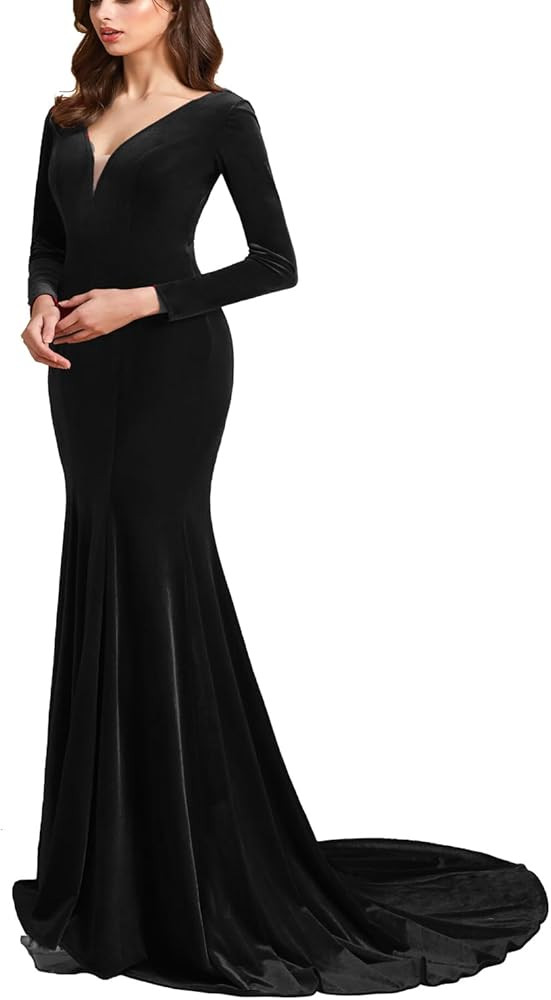 Women's Deep V-Neck Velvet Prom Dresses Long Mermaid Court Train Evening Party Gown with Long Sle... | Amazon (US)