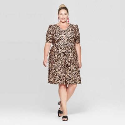 Women's Plus Size Leopard Print Puff Short Sleeve V-Neck Knitted Mini Dress - Ava & Viv™ Brown | Target
