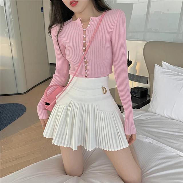 2022 White Pleated Skirts Sexy Casual Slim College Women High Waist Mini Metal Letter D A-Line Cl... | AliExpress (US)