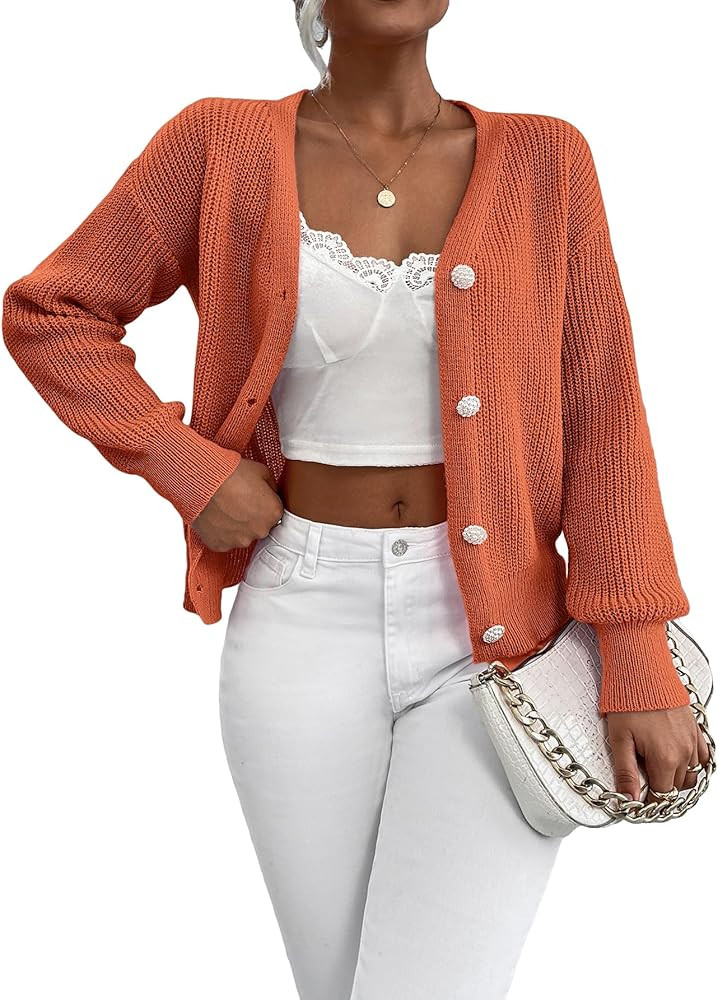 SHENHE Women's Button Down V Neck Drop Shoulder Plain Cute Cardigan Sweater Outerwear | Amazon (US)
