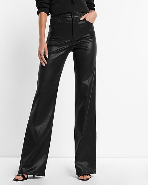 High Waisted Black Coated Wide Leg Jeans | Express
