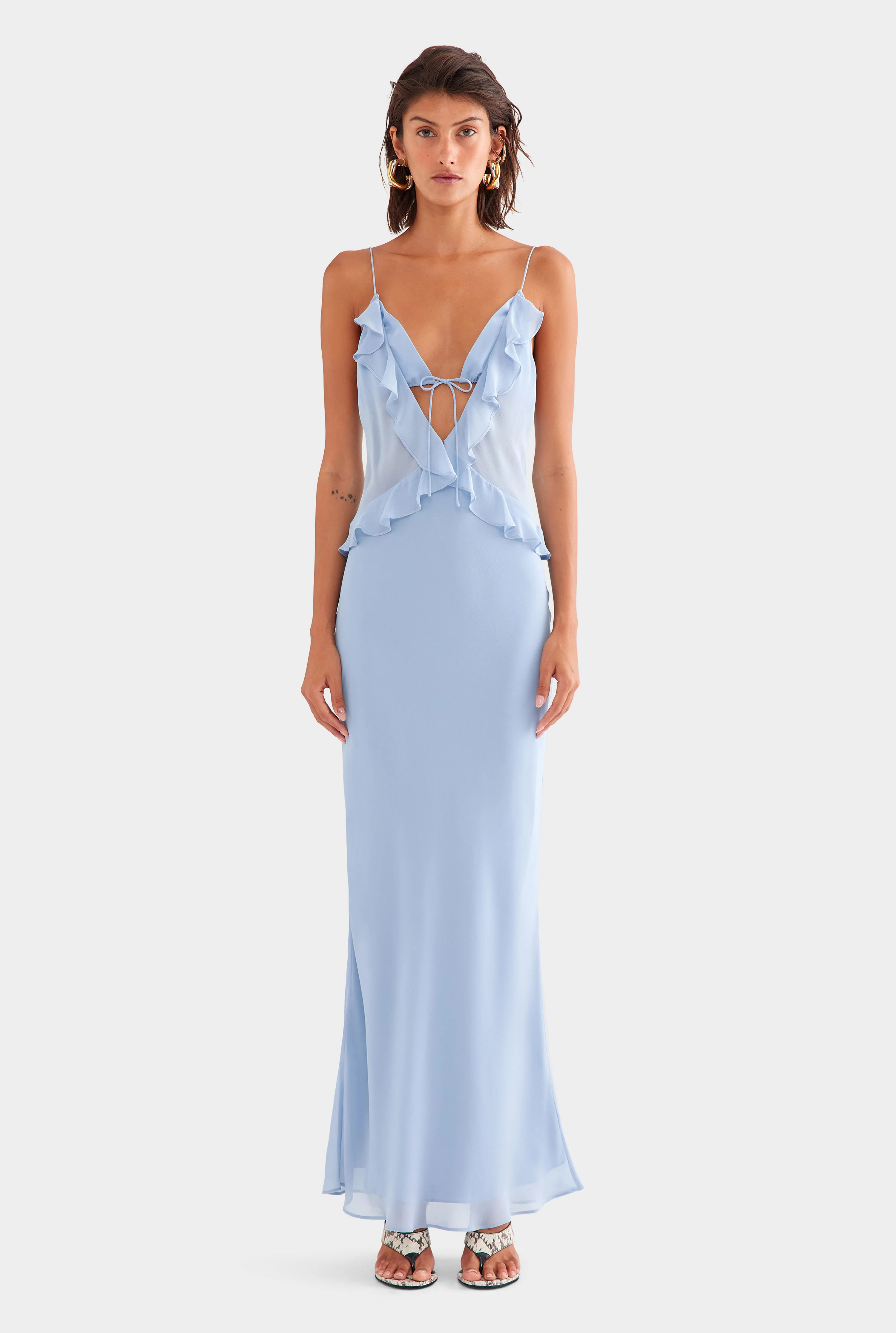 Silk Bralette Ruffle Maxi Dress in Powder Blue | Venroy | Venroy AU